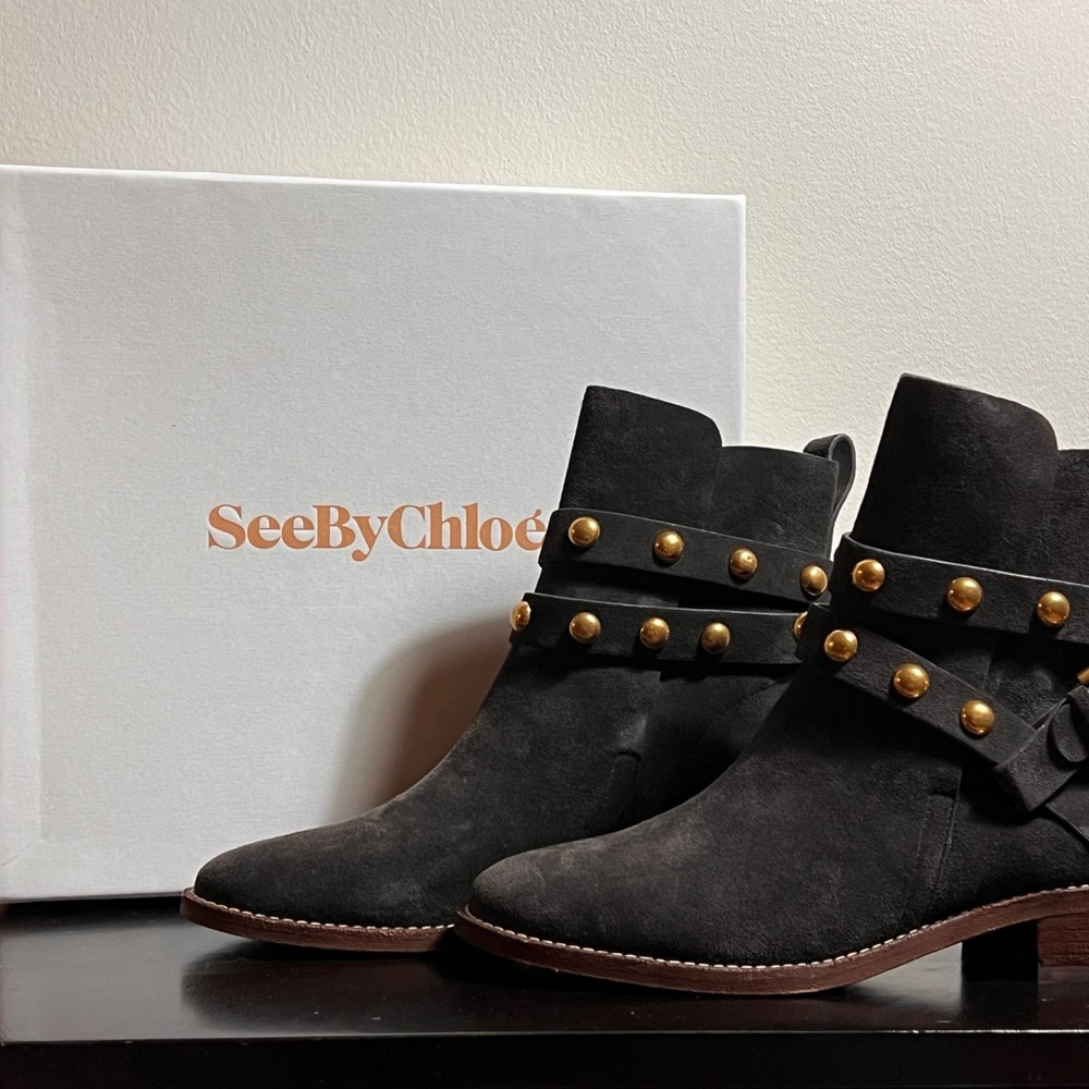 See By Chloe Black Ankle Boots with Gold Studs
